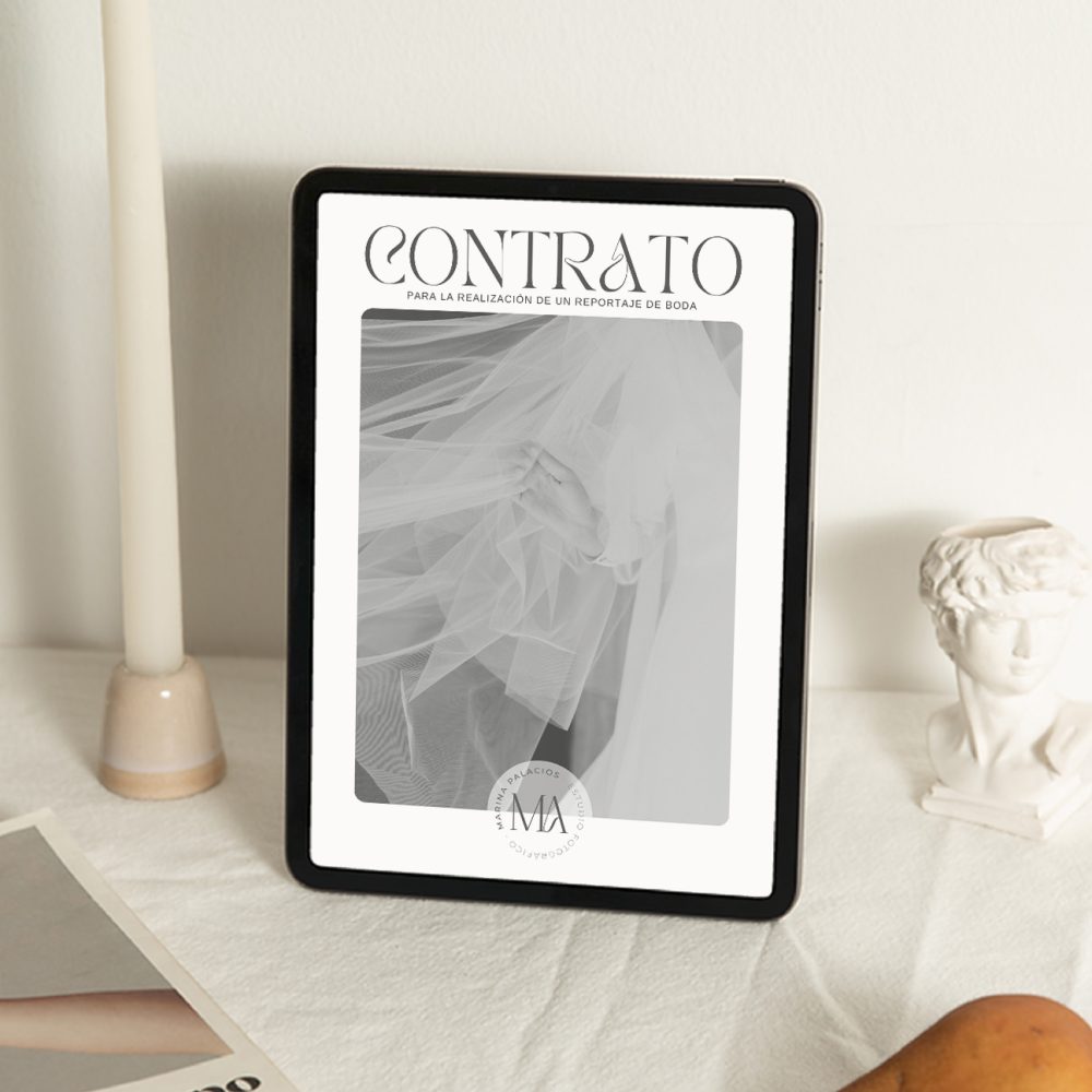 Plantilla editable de un contrato de fotografía de bodas profesional y legalmente estructurado para fotógrafas en España. Modelo descargable, editable y adaptado a servicios de boda, pagos, cancelaciones, derechos de autor y RGPD.